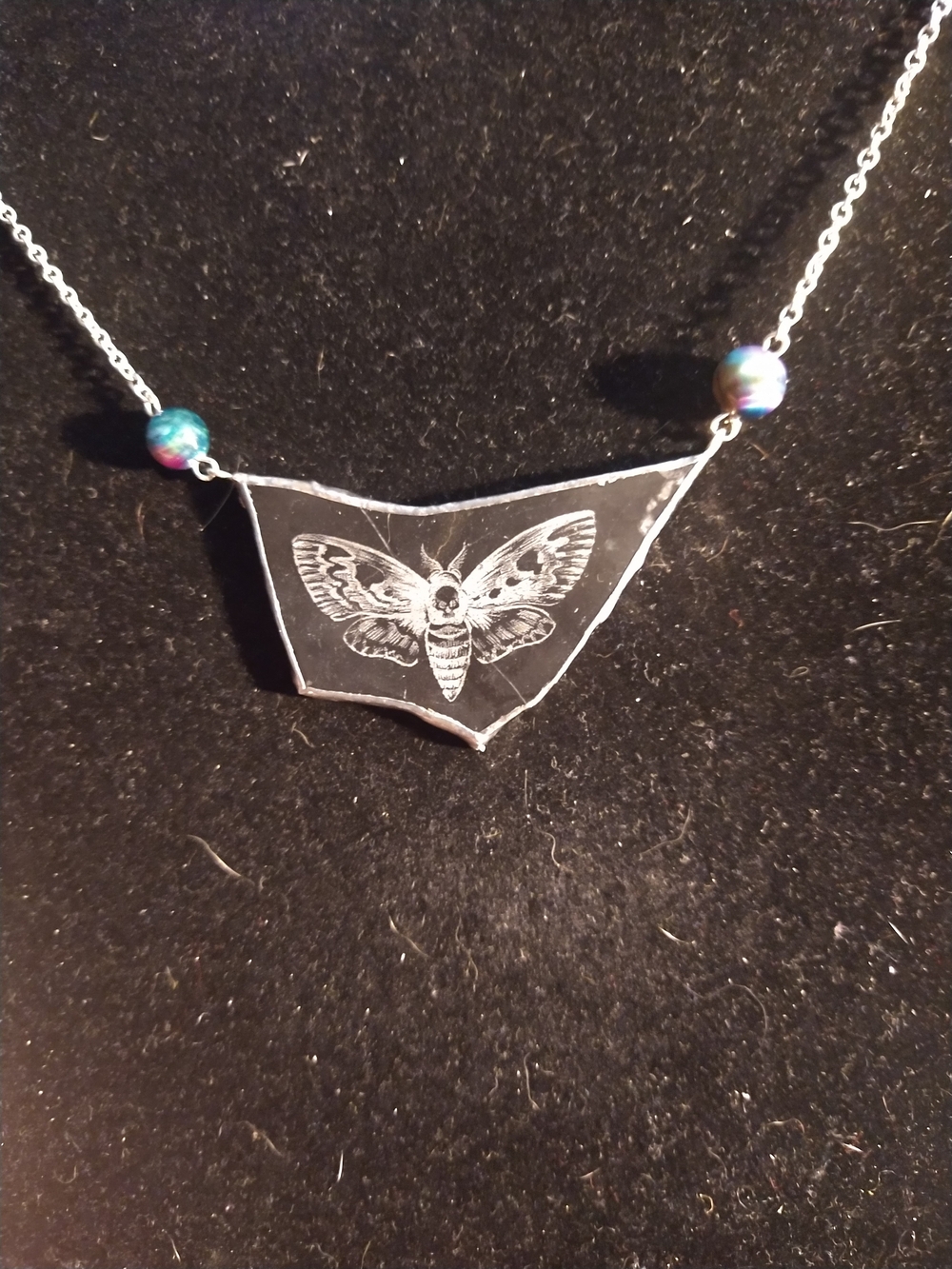Black Marble Engraved Deathead Moth Pendant Necklace with Mystic Tiger eye